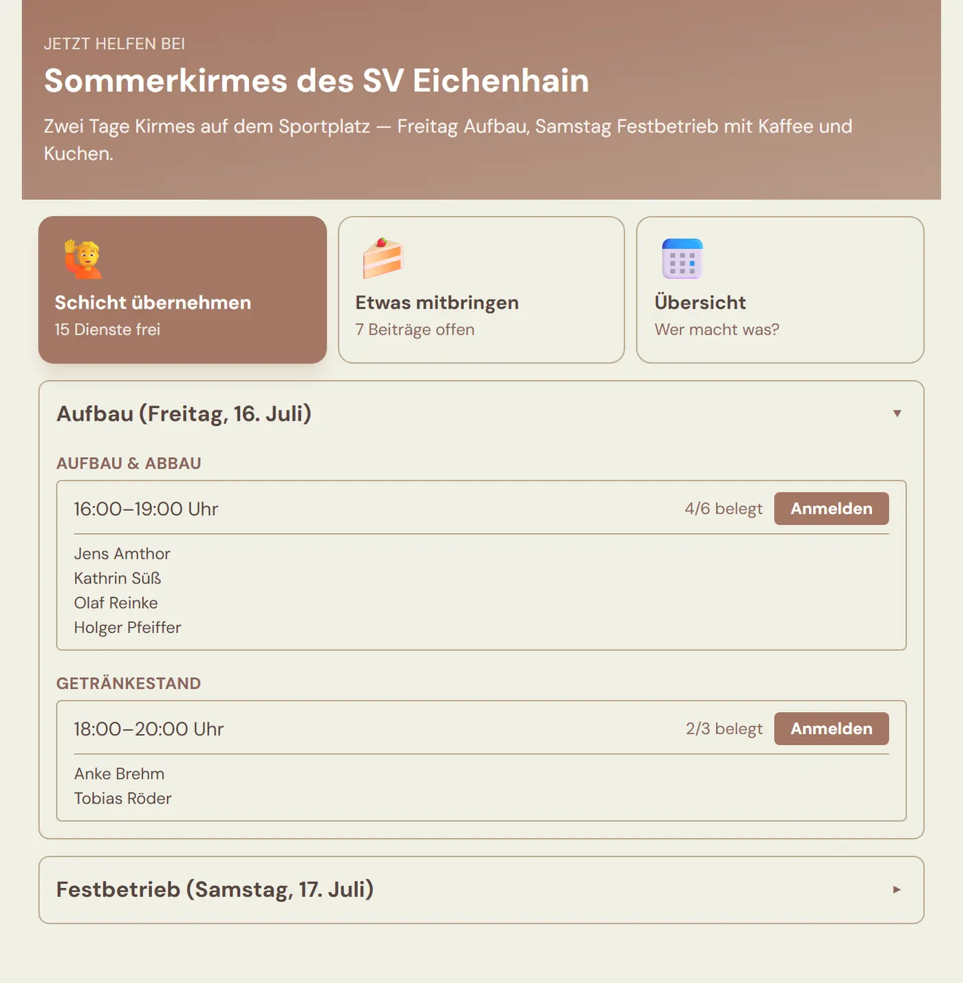 Öffentliche Anmeldeseite der Sommerkirmes mit drei Kacheln „Schicht übernehmen“, „Etwas mitbringen“ und „Übersicht“ sowie den aufgeklappten Schichten des ersten Tages mit Belegung und Anmelde-Knopf