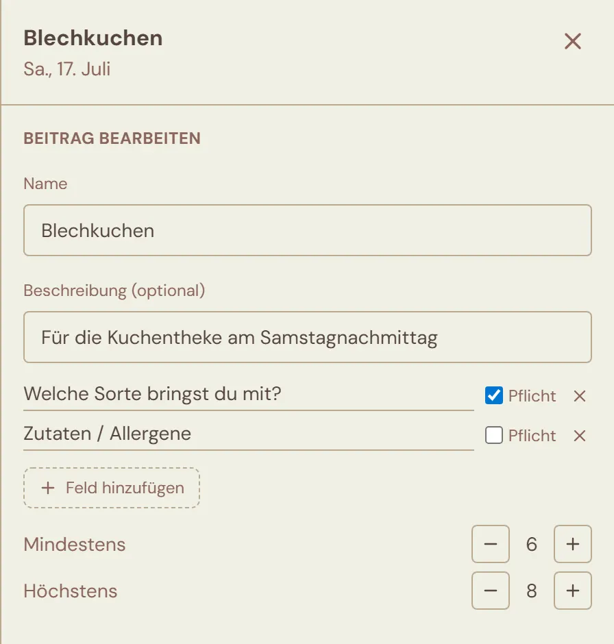 Seitenfenster „Beitrag bearbeiten“ für den Beitrag Blechkuchen mit zwei eigenen Feldern: „Welche Sorte bringst du mit?“ mit gesetztem Pflicht-Haken und „Zutaten / Allergene“ ohne Haken