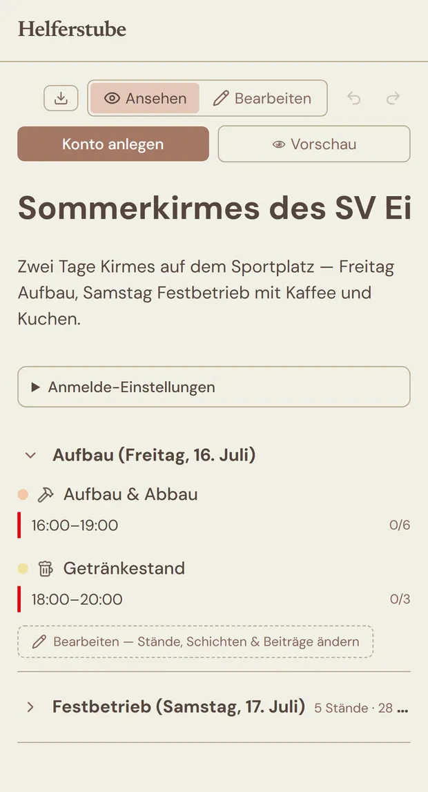 Helferstube-Editor auf einem Smartphone in der Listen-Ansicht mit dem Umschalter Ansehen/Bearbeiten und den Schichten eines Tages untereinander