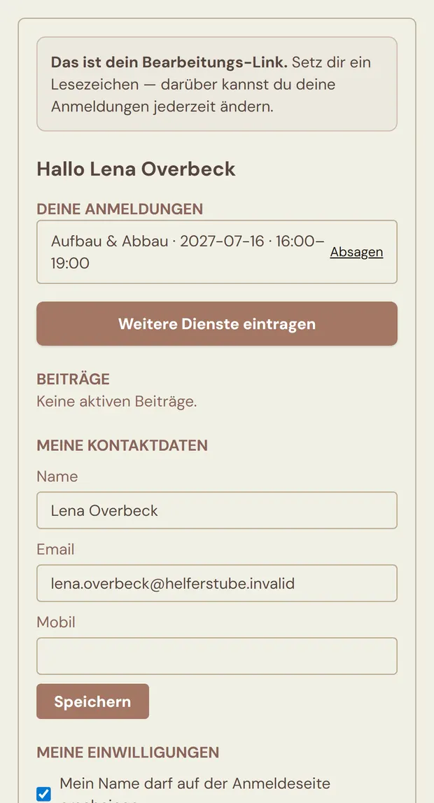 Die persönliche Verwaltungsseite eines Helfers auf dem Handy mit dem Hinweis „Das ist dein Bearbeitungs-Link“, der Begrüßung Hallo Lena Overbeck, der eingetragenen Schicht mit Absagen-Link, dem Knopf Weitere Dienste eintragen und den Feldern für Kontaktdaten